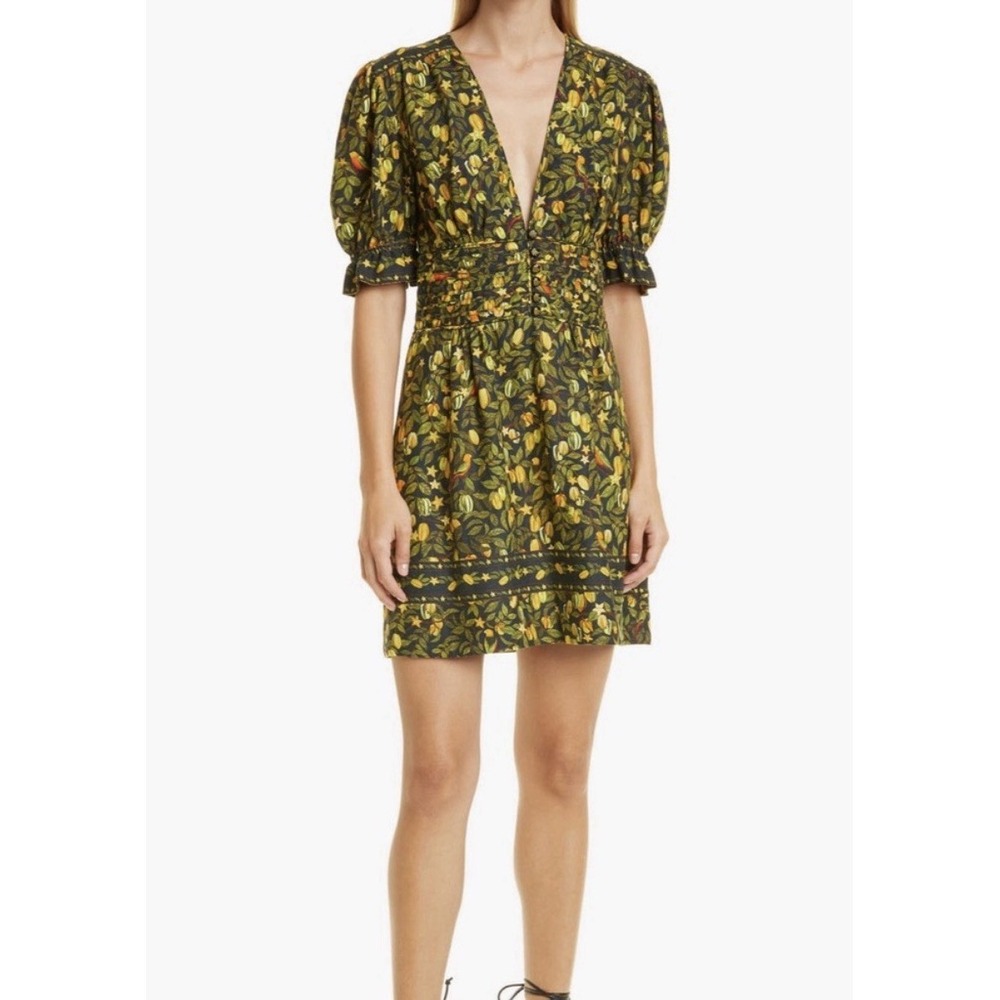 Farm Rio Star Fruit Mini Dress Womens Medium Black Multi NWT Puff Sleeve V-Neck